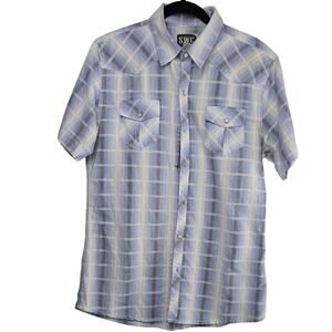 SWC Sunday Work Clothes Blue Plaid‎ Short Sleeve Button-Up Shirt Size Large